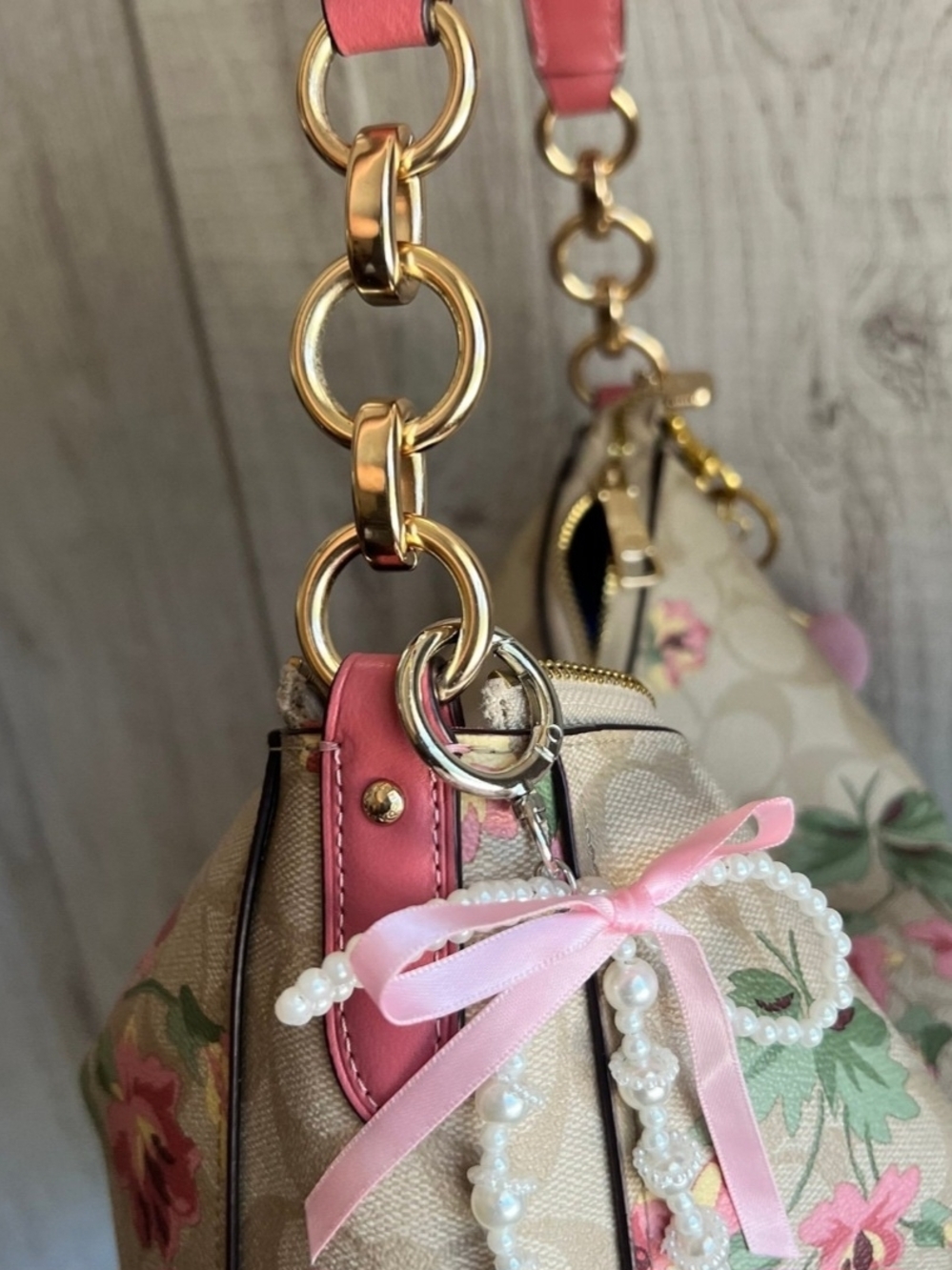 Coach Floral Print Hobo Bag in Pink and Beige - Picture 4 of 11